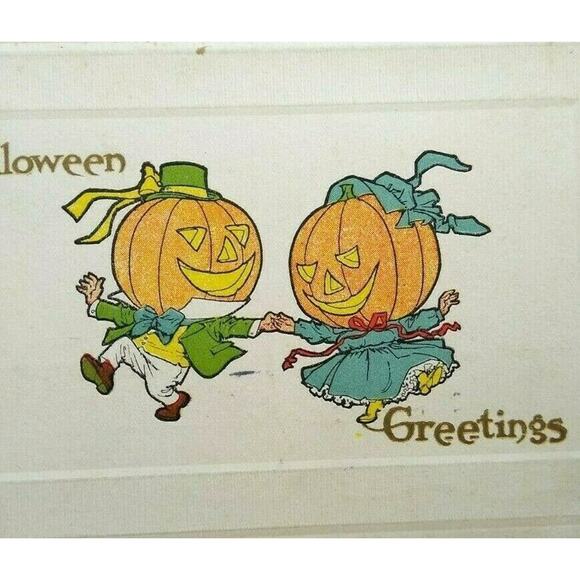 Halloween Fantasy Postcard Gibson Goblins Dancing Humanized Pumpkin Heads 1912 - Picture 1 of 4